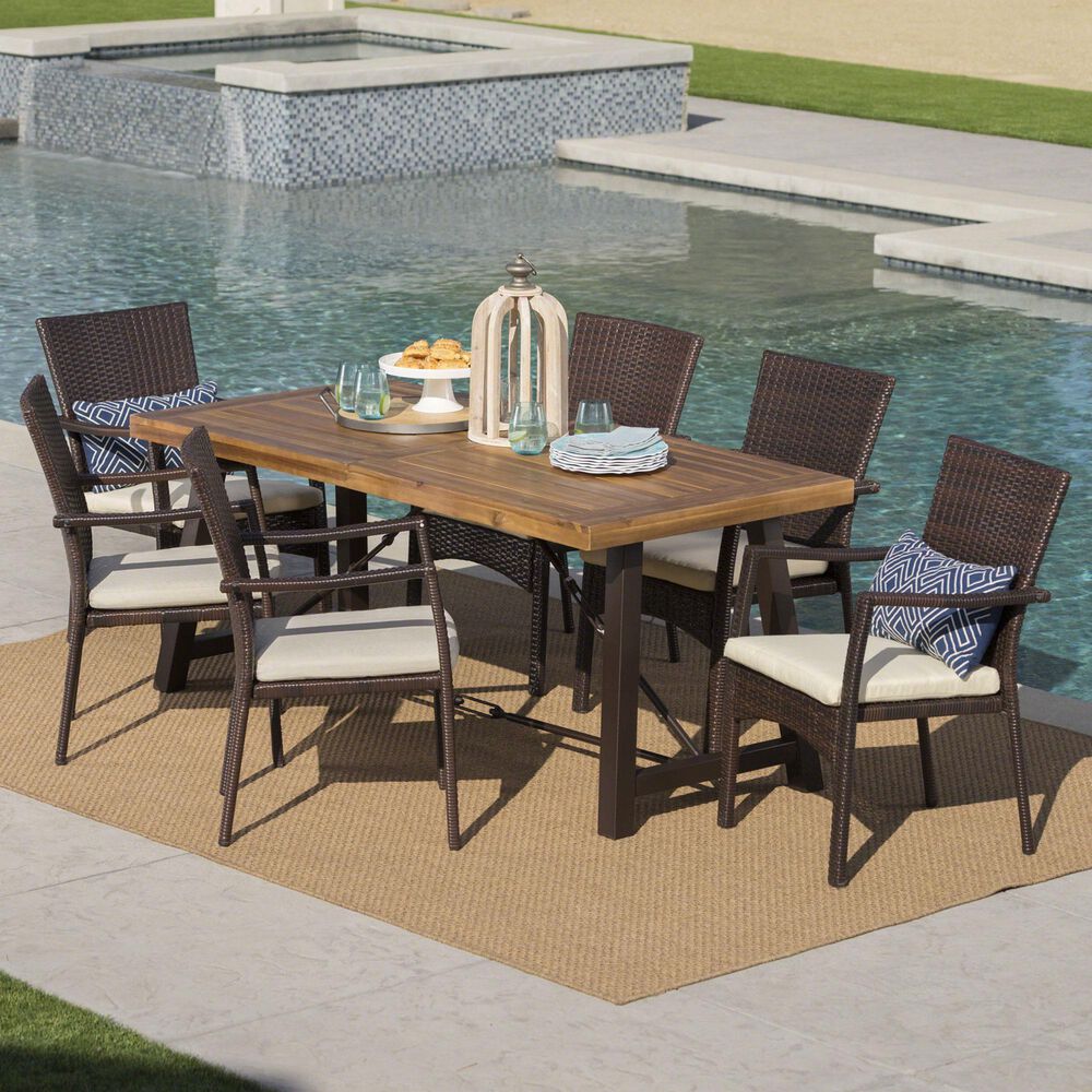 Noble House Courtland 7-Piece Patio Dining Set in Teak and Brown, , large