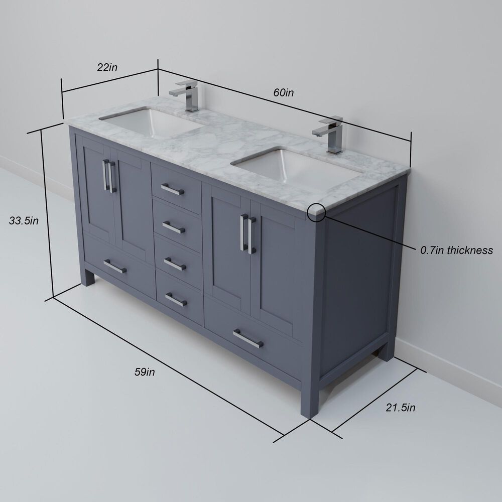 Lexora Home Jacques 60" Double Bathroom Vanity in Dark Grey with 2 cm White Carrara Marble Top and Rectangular Sinks, , large