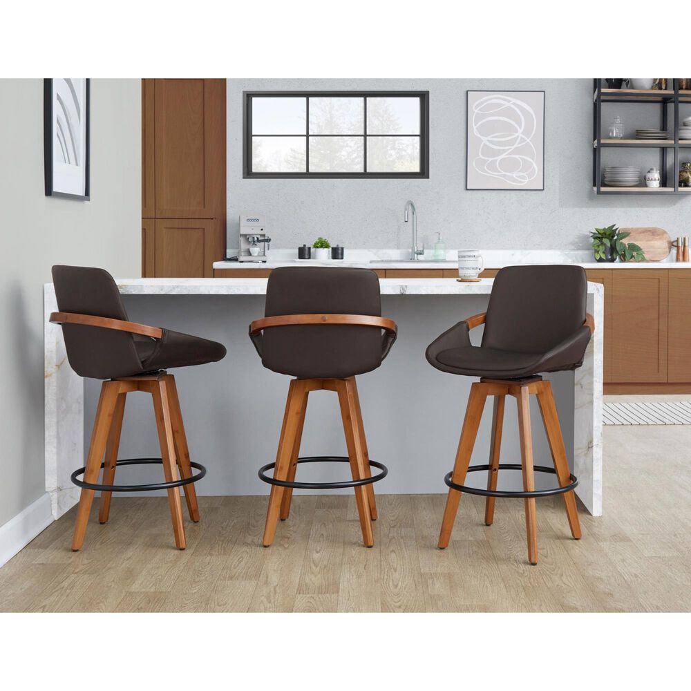 Lumisource Cosmo Swivel Counter Stool with Brown Cushion in Walnut and Black, , large