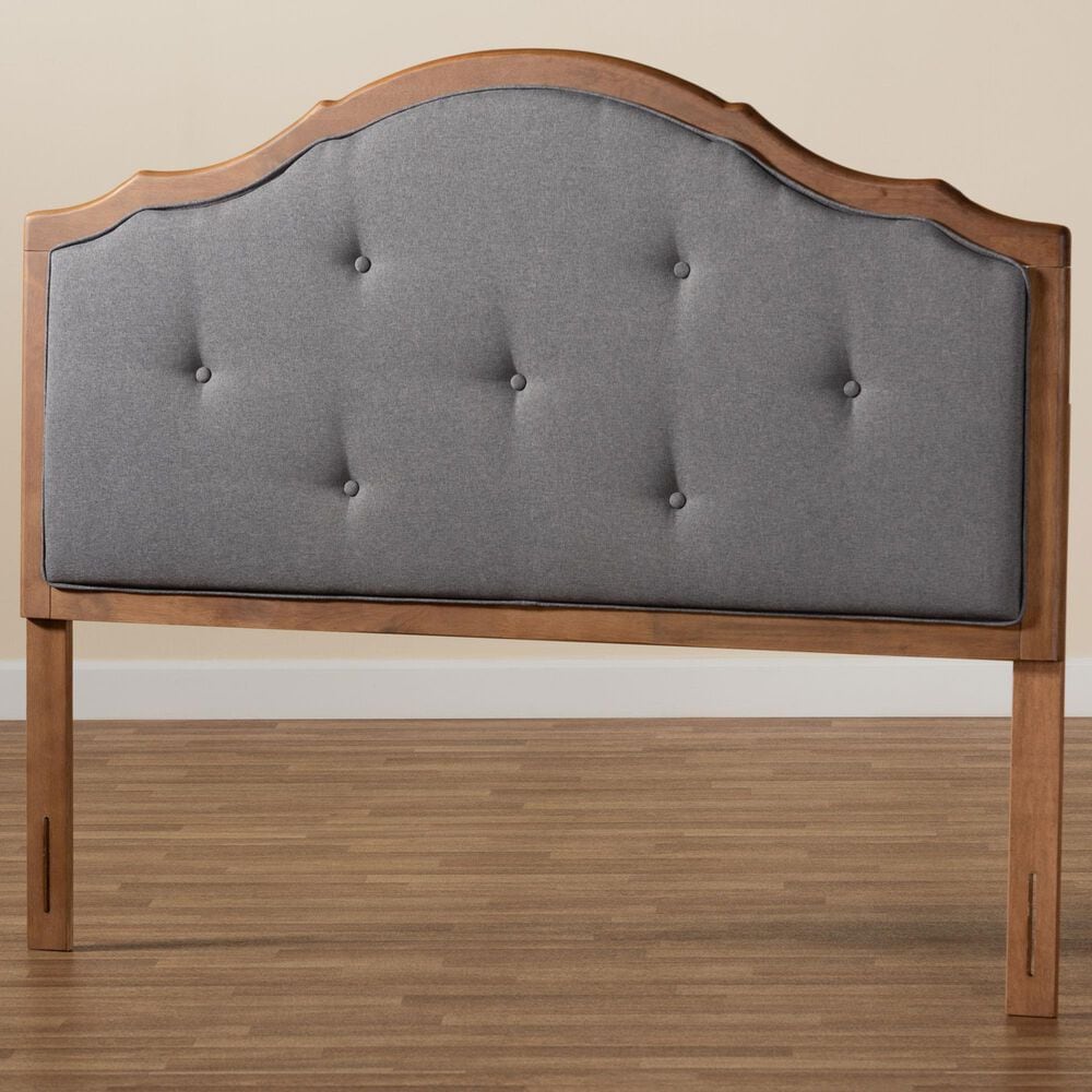 Baxton Studio Gala Queen Panel Headboard with Dark Grey Fabric in Walnut Brown, , large