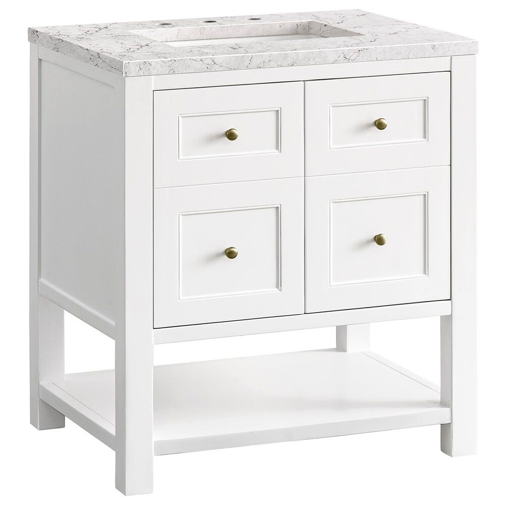James Martin Vanities Breckenridge 30" Single Bathroom Vanity in Bright White with 3 cm Eternal Jasmine Pearl Quartz Top and Rectangular Sink, , large