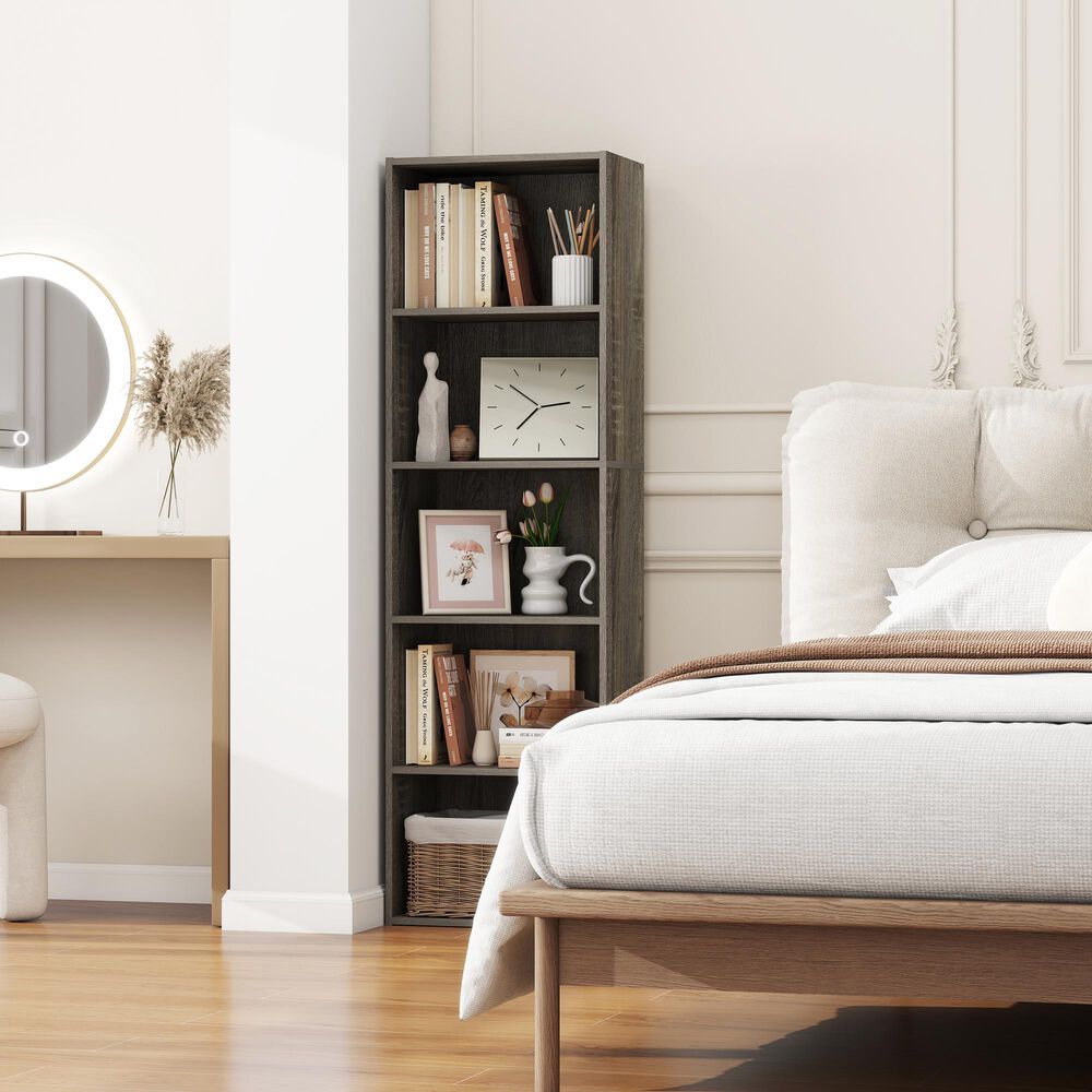 HOMLUX 5-Tier Reversible Bookshelf with Decorative Open Shelves in French Oak, , large