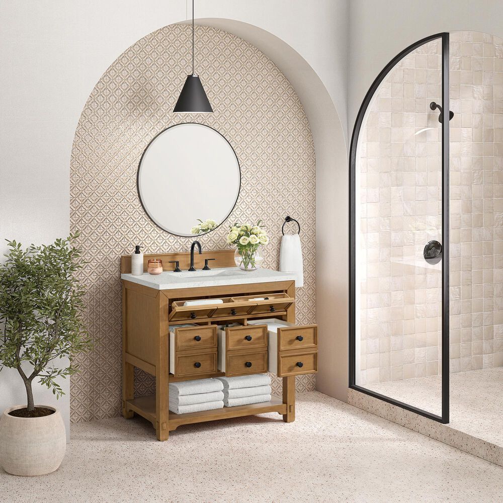 James Martin Malibu 36&quot; Single Bathroom Vanity in Amber Birch with 3 cm Lime Delight Quartz Top and Rectangular Sink, , large