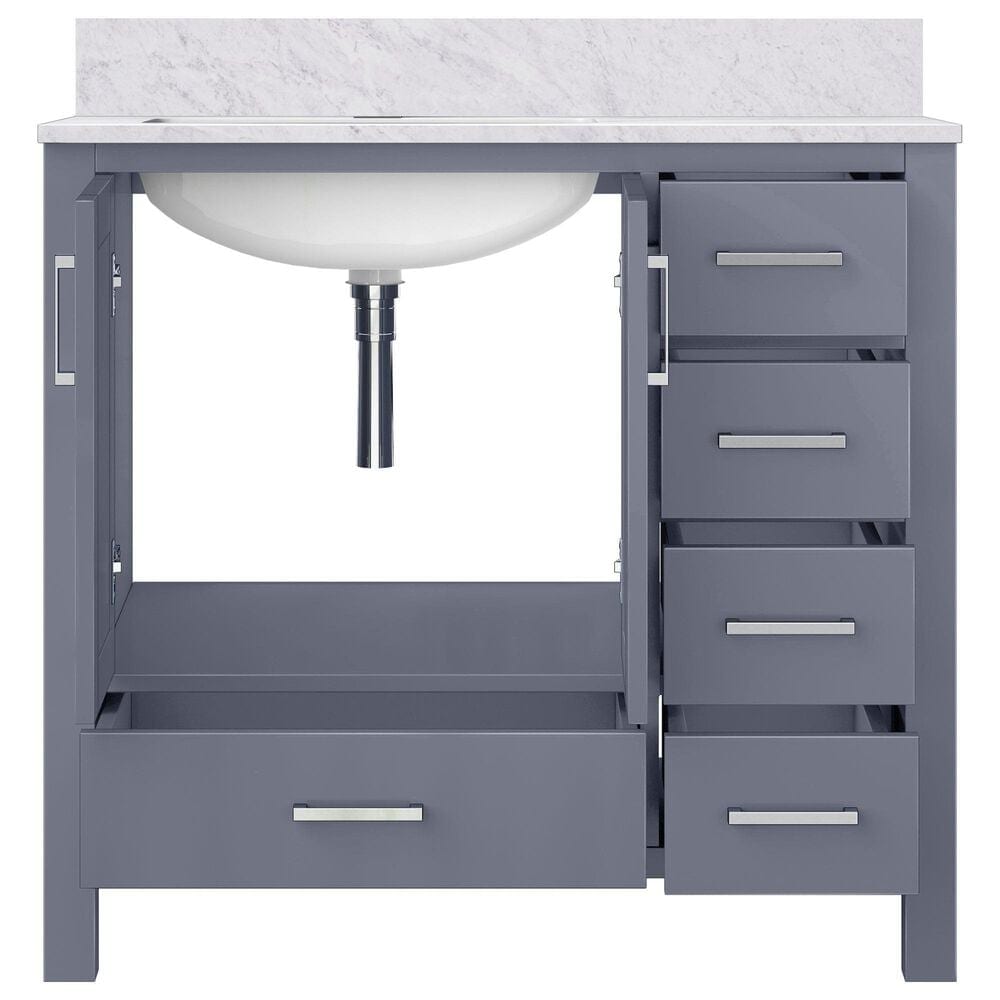 Lexora Home Jacques 36&quot; Left Offset Single Bathroom Vanity in Dark Grey with 2 cm White Carrara Marble Top and Rectangular Sink, , large