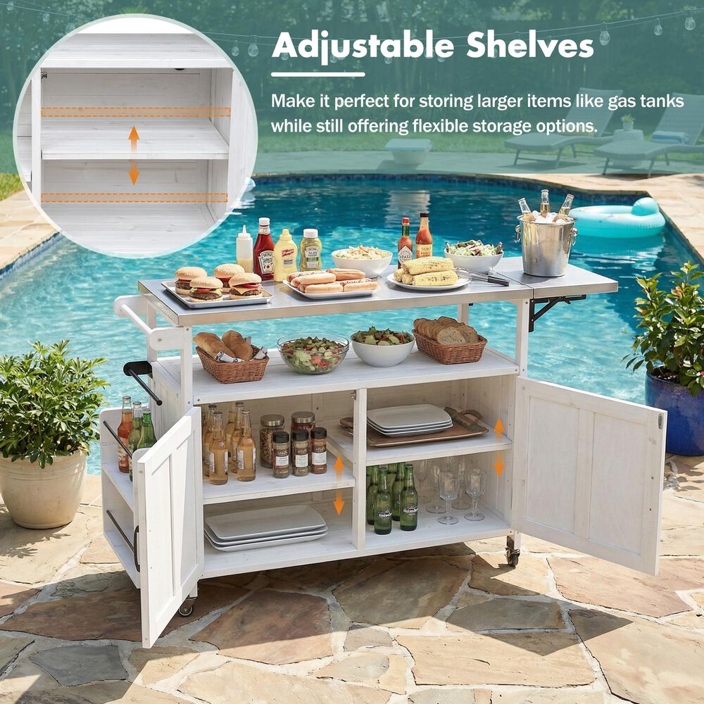 Hearth and Haven Outdoor Kitchen Island Cart with Adjustable Shelves and Stainless Steel Top in White, , large
