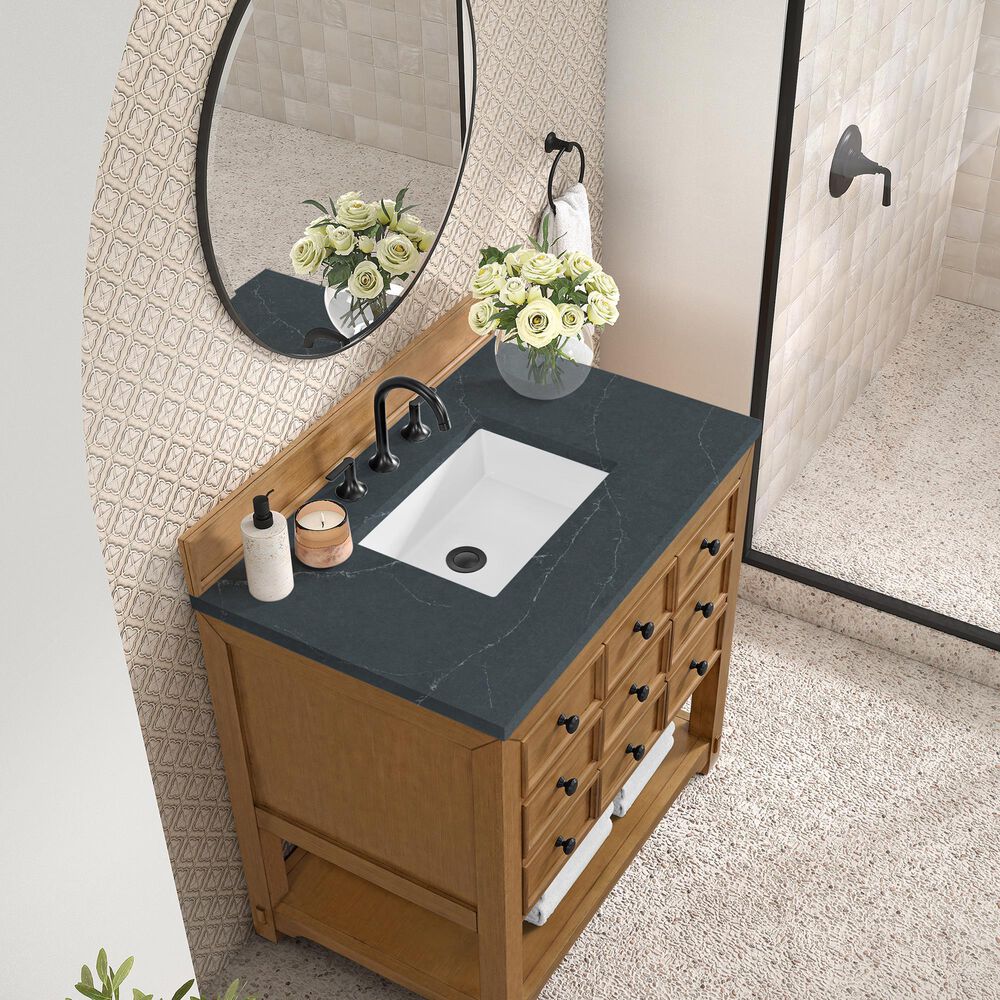 James Martin Malibu 36&quot; Single Bathroom Vanity in Amber Birch with 3 cm Charcoal Soapstone Quartz Top and Rectangular Sink, , large