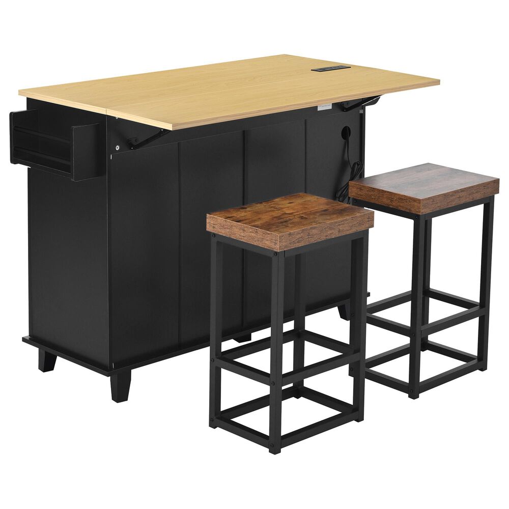 HOMLUX Farmhouse Kitchen Island with Drop Leaf and 2 Stools in Black, Natural and Rustic Brown, , large