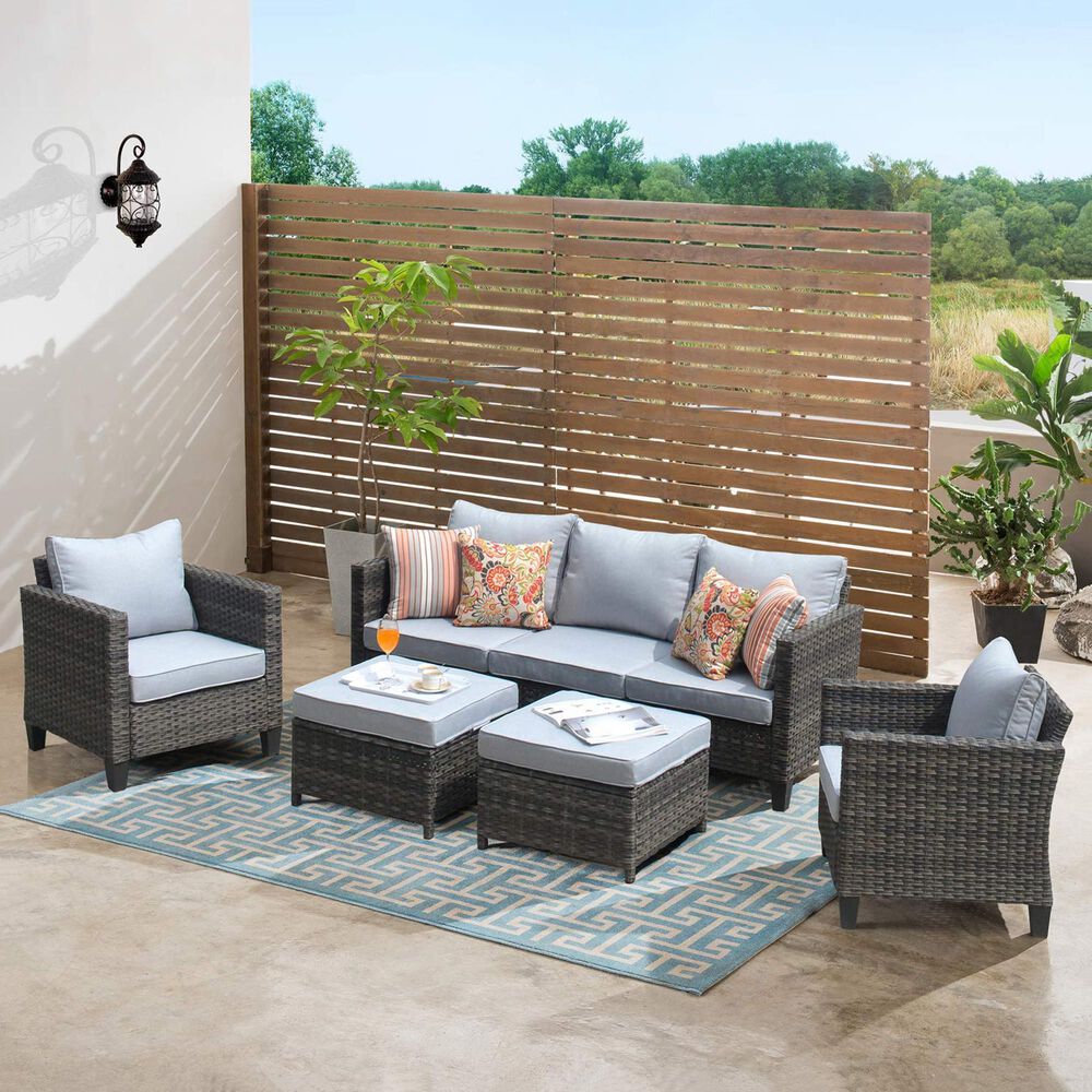 HOMLUX HOMLUX 5-Piece Outdoor Wicker Patio Furniture Set, High Back Rattan Sofa with Chairs, Ottomans &amp; Cushions in Gray, , large