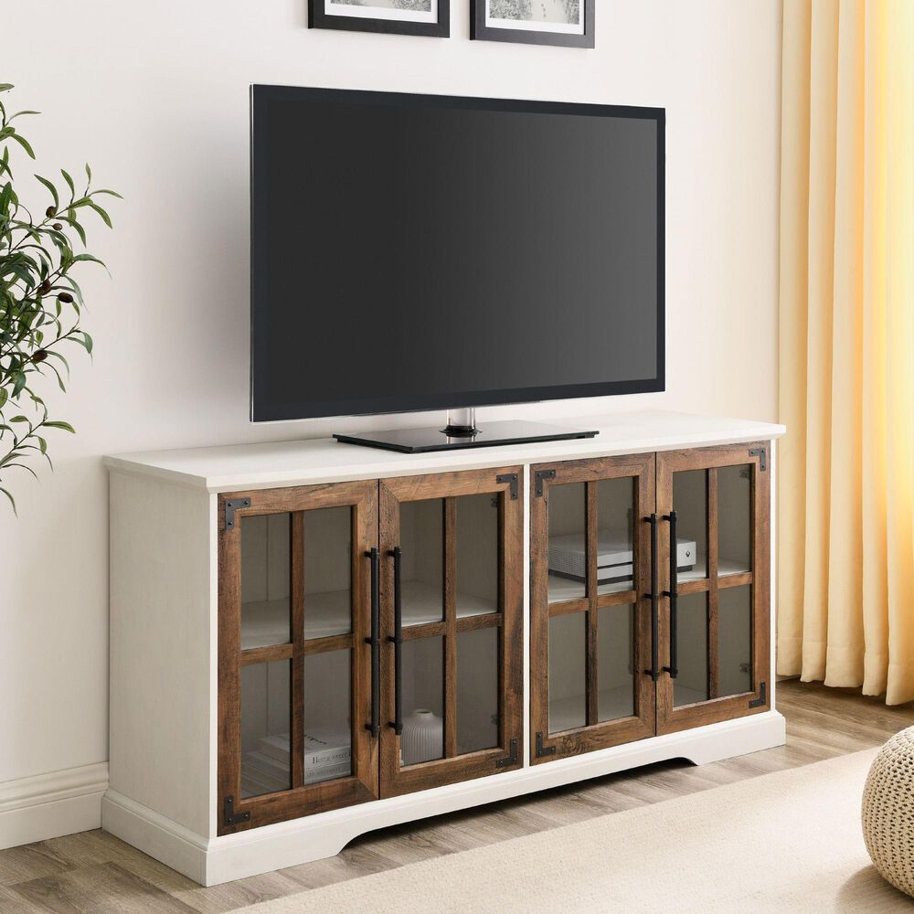 Walker Edison Abigail 58&quot; TV Stand in Brushed White/Rustic Oak, , large