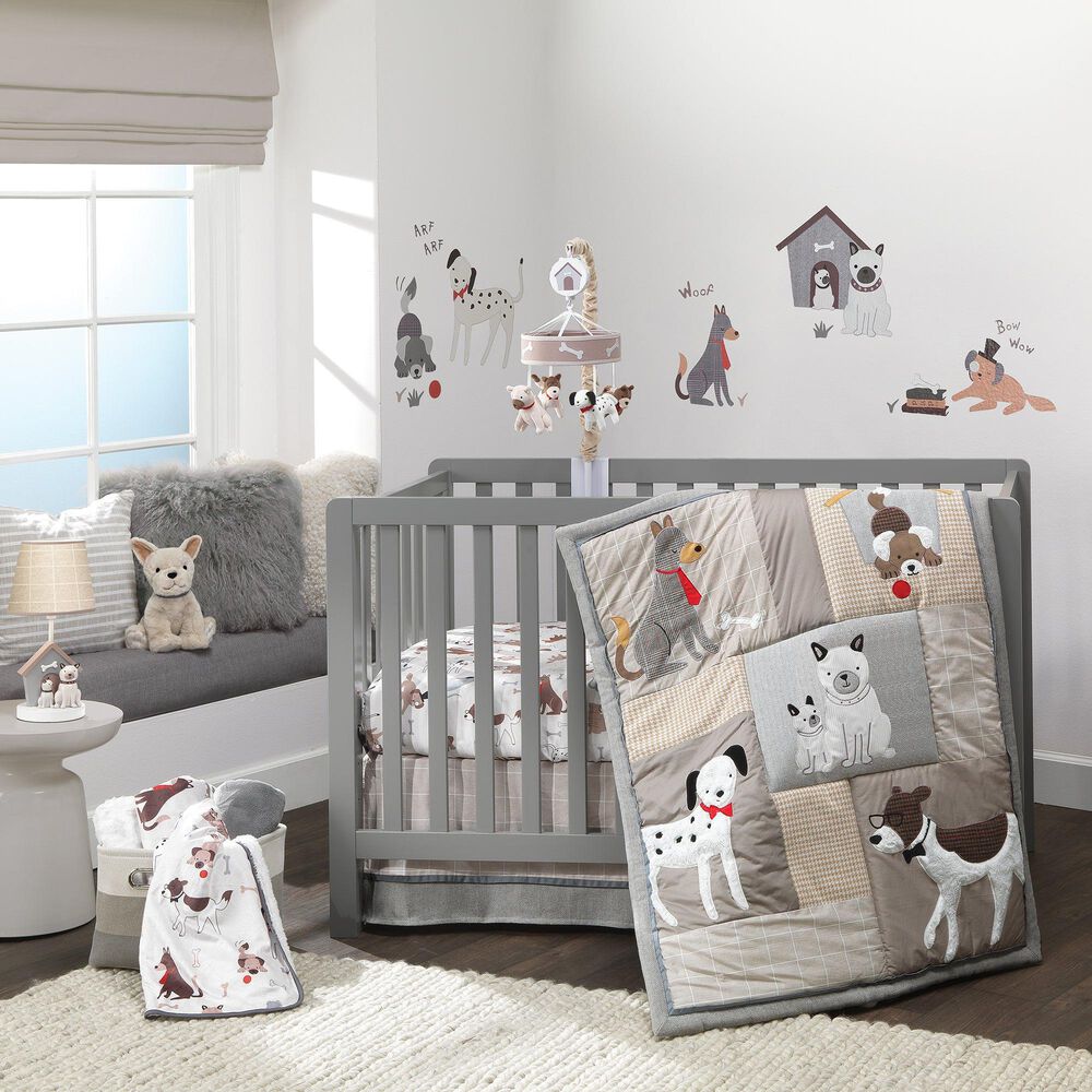 Lambs and Ivy Bow Wow Puppy with Doghouse Wall Decals in Gray and Beige, , large