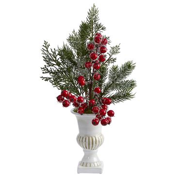 Nearly Natural Inc 19" Iced Pine and Berries Artificial Arrangement in White Urn, , large