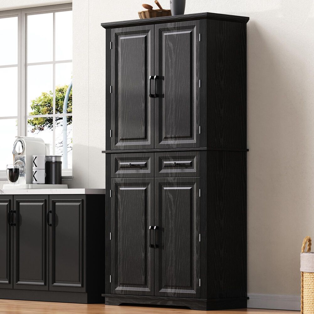HOMLUX 71" Tall Kitchen Pantry Cabinet with 3 Pull Out Cabinet Organizers, Farmhouse Embossed Texture Storage Cabinet with 6 Door Shelves, 2 Drawers, Freestanding Cupboard for Kitchen, Dining Room Black, , large