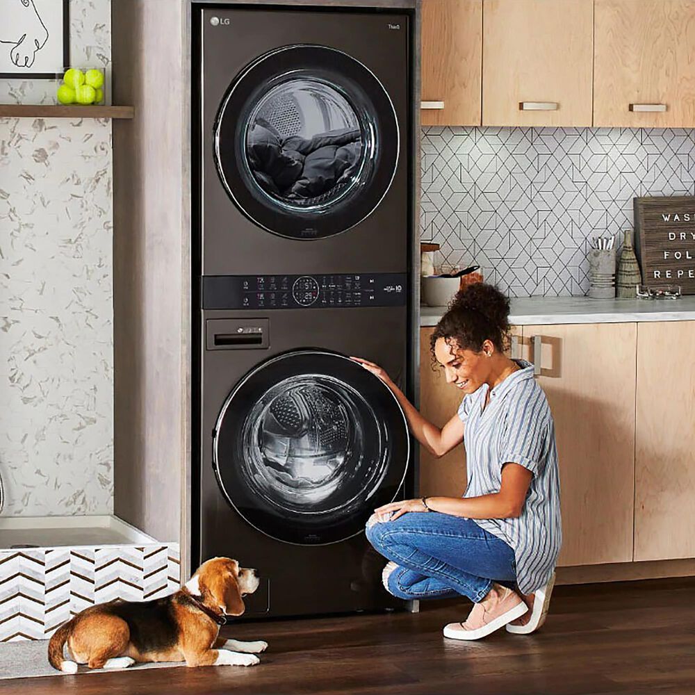 LG Single Unit Front Load LG WashTower with Center Control 4.5 Cu. Ft. Washer and 7.4 Cu. Ft. Gas Dryer in Black Stainless Steel, , large