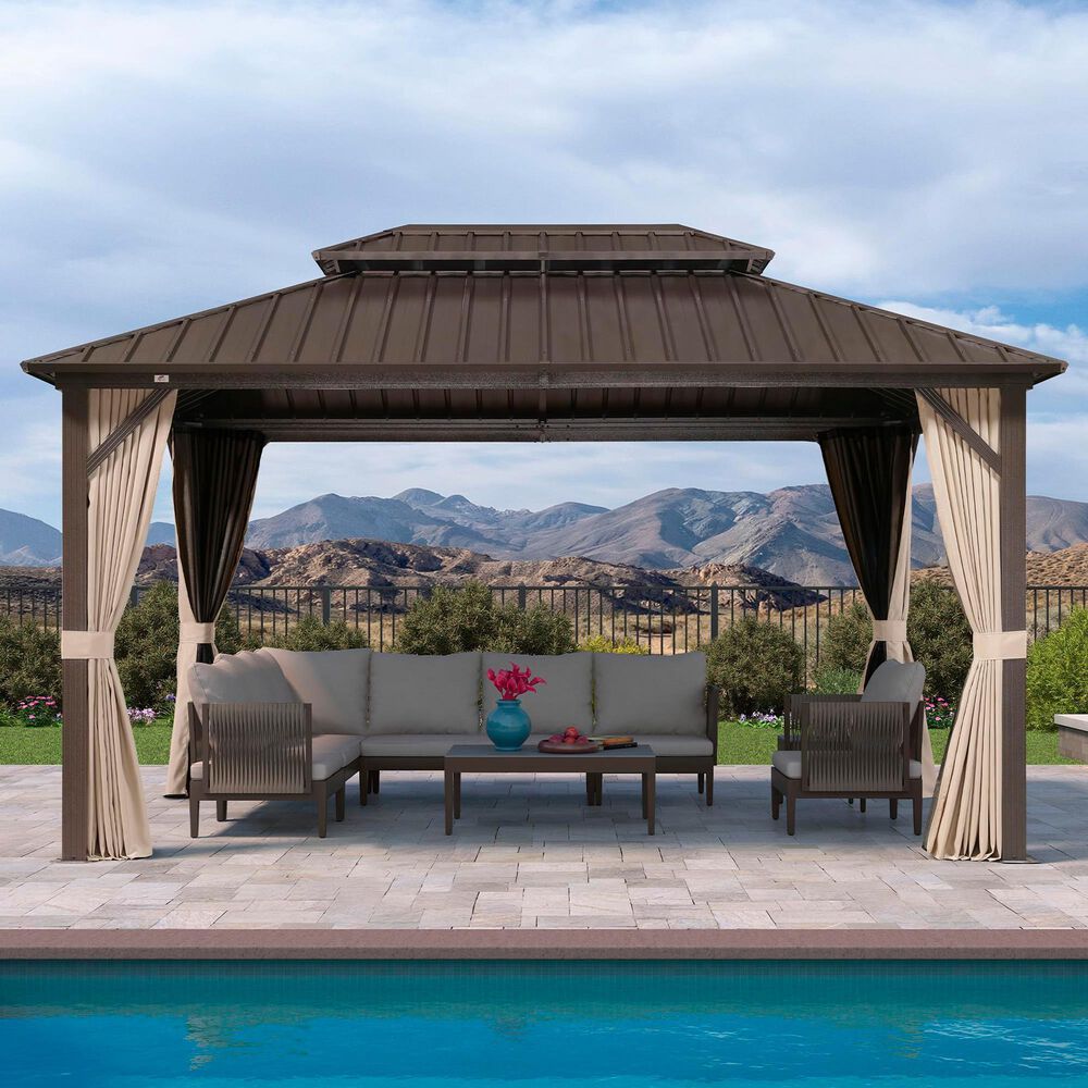 HOMLUX 10' x 14' Outdoor Hardtop Gazebo with Galvanized Steel Double Roof in Brown, , large