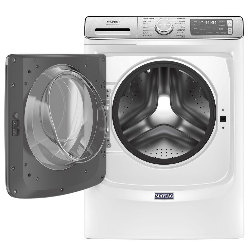 Maytag 5 Cu. Ft. Front Load Washer and 7.3 Cu. Ft. Gas Dryer Laundry Pair with Pedestal in White, , large
