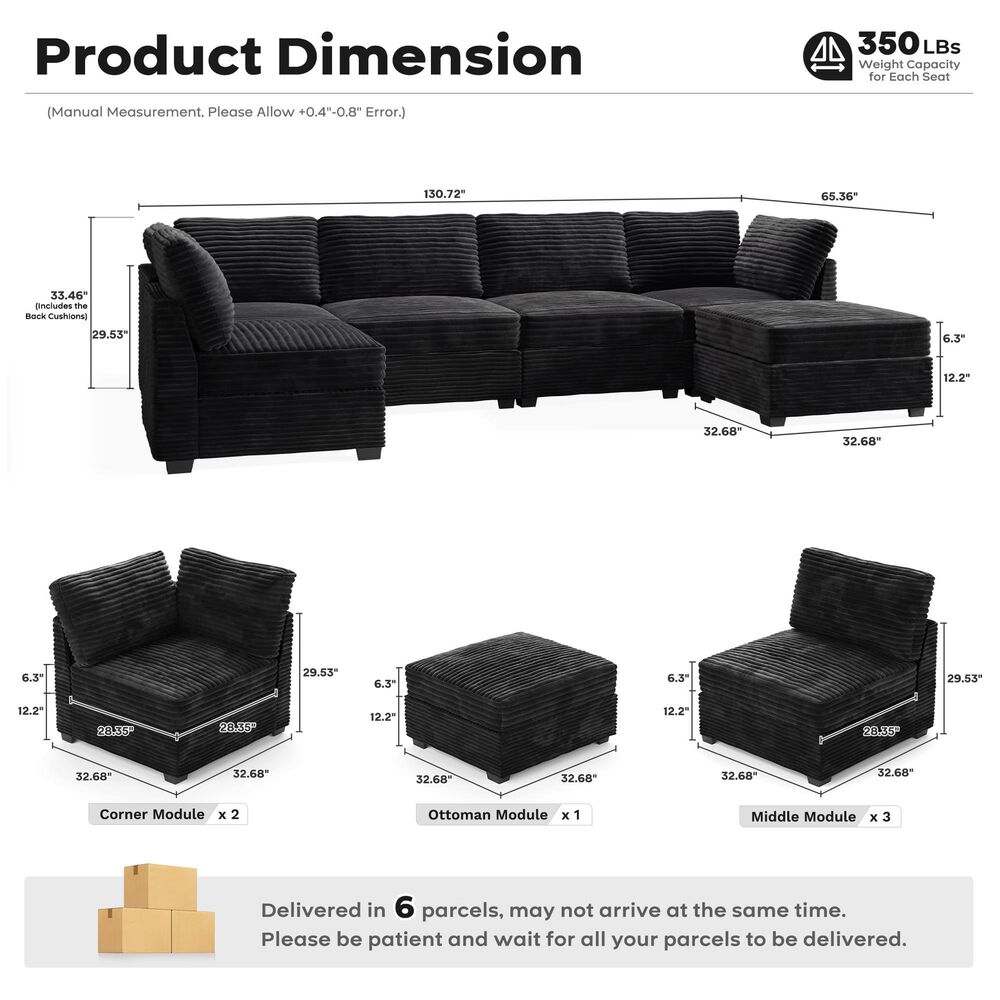 HOMLUX 6-Piece Mod Sectional with Chaise in Black, , large