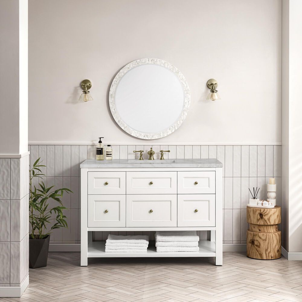 James Martin Vanities Breckenridge 48" Single Bathroom Vanity in Bright White with 3 cm Eternal Jasmine Pearl Silestone Top, Rectangular Sink and FreePower Wireless Charger, , large
