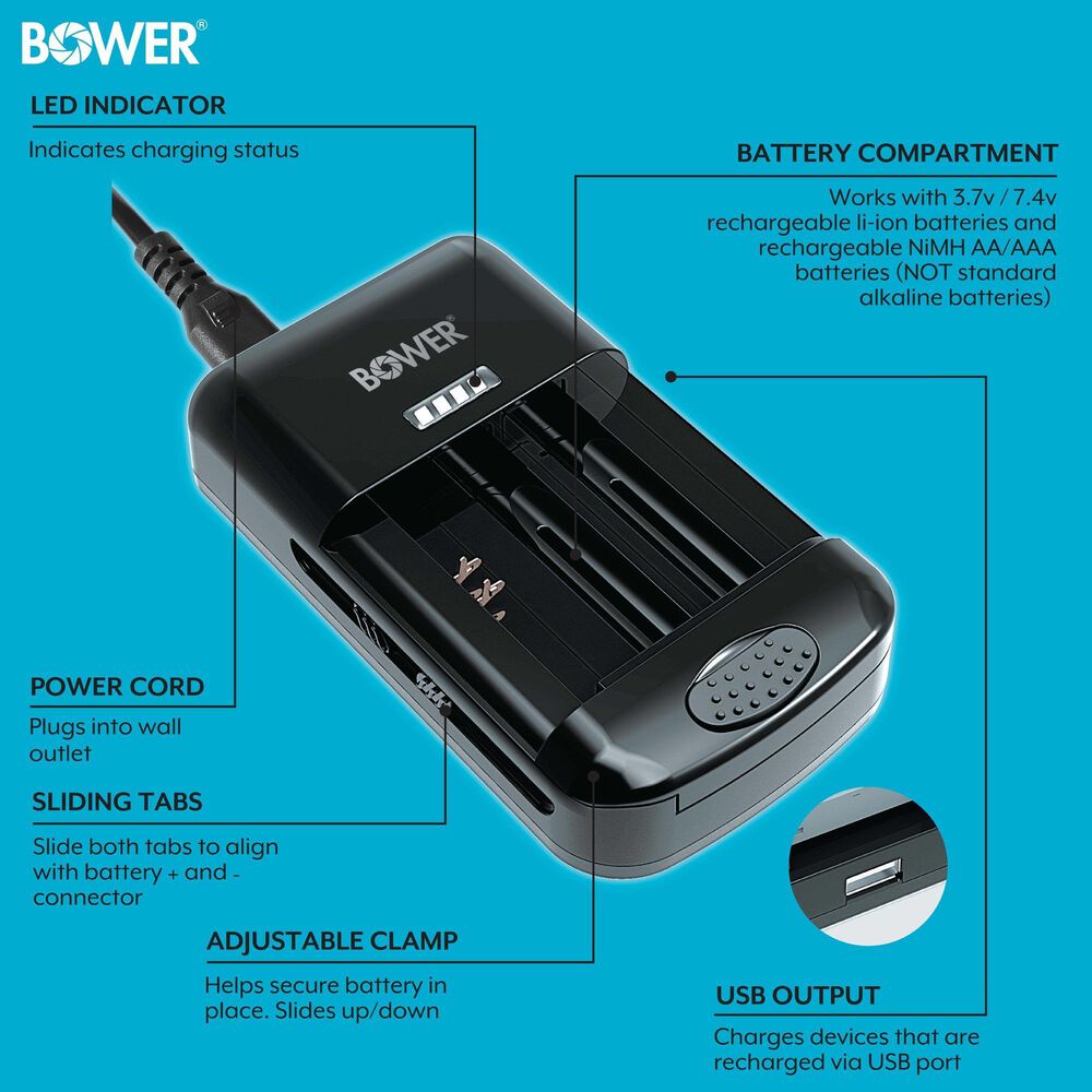 Bower DSLR Universal Charger with Rechargeable Batteries in Black, , large