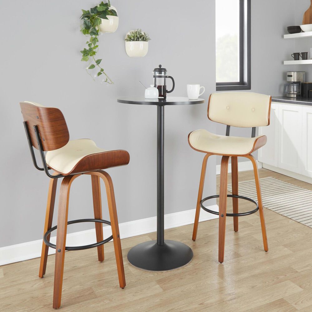 LumiSource Lombardi 30" Swivel Barstool with Cream Faux Leather Upholstery in Walnut and Black (Set of 2), , large