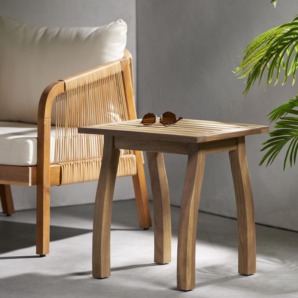 Hearth and Haven Selma Outdoor End Table with Slatted Top and Curved Legs in Natural Stained, , large