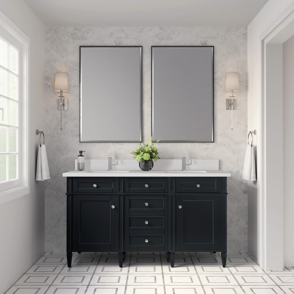 James Martin Vanities Brittany 60&quot; Double Bathroom Vanity in Black Onyx with 3 cm White Zeus Quartz Top and Rectangular Sinks, , large