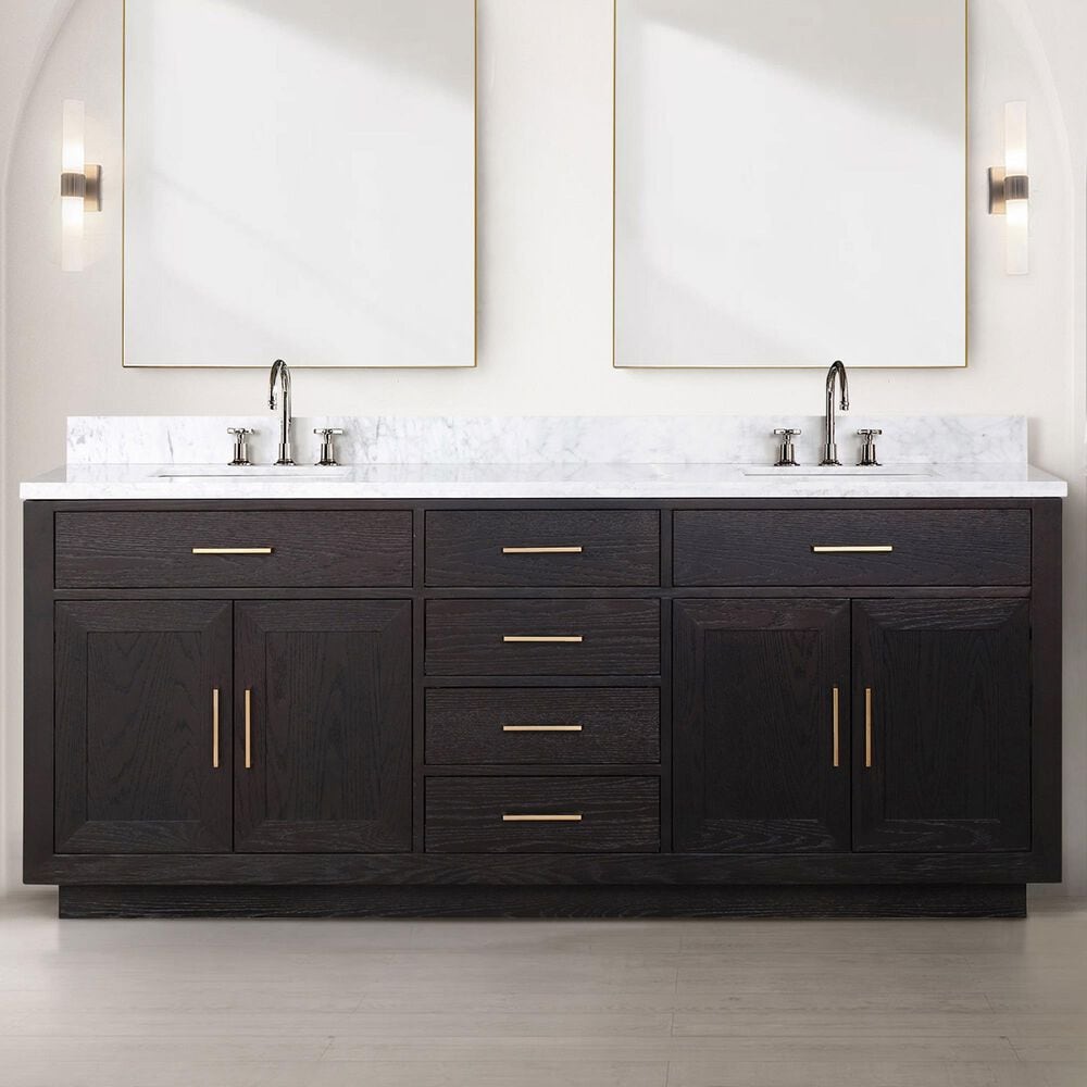 Lexora Home Abbey 80&quot; Double Bathroom Vanity in Black Oak with 2 cm White Carrara Marble Top and Rectangular Sinks, , large