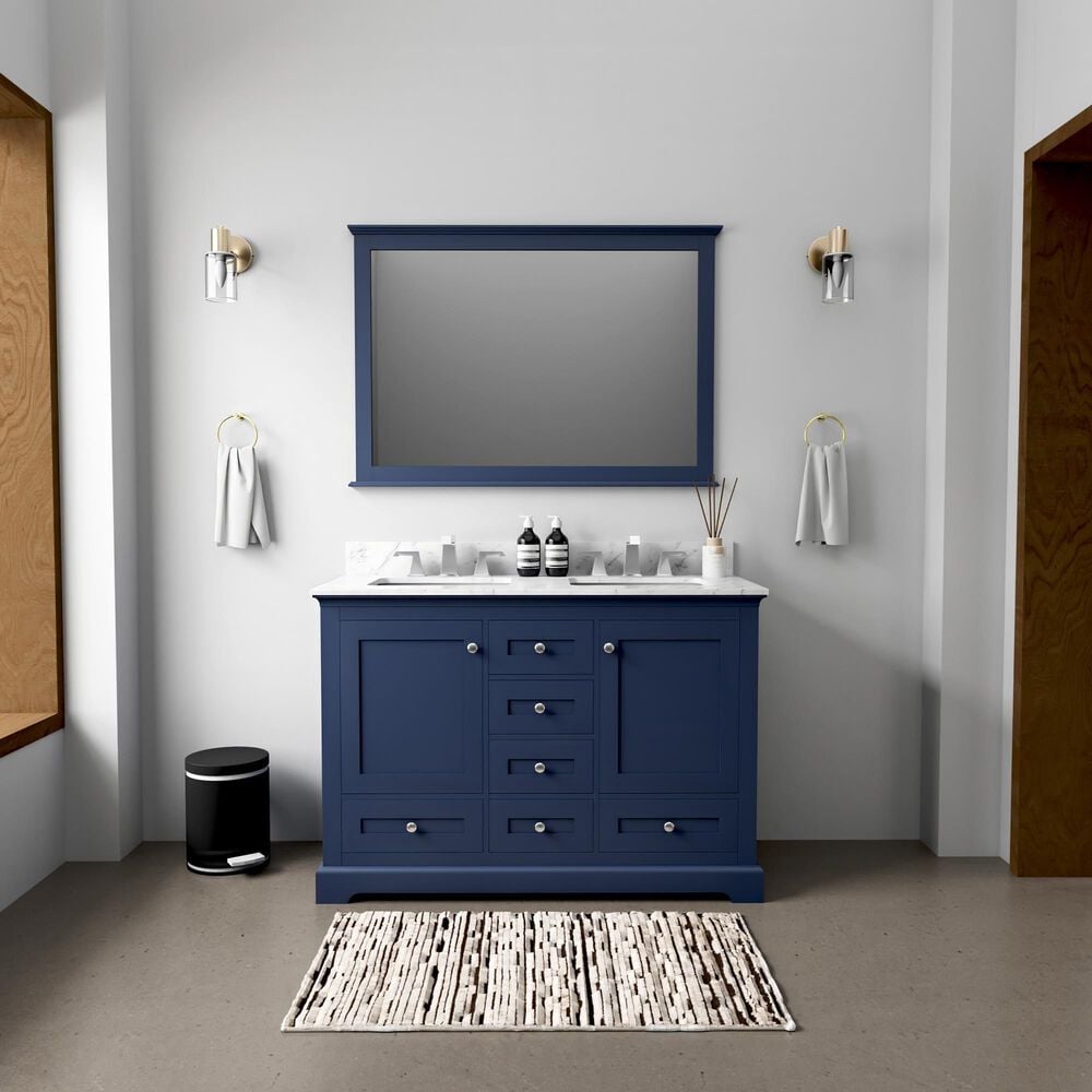 Lexora Home Dukes 48" Double Bathroom Vanity in Navy Blue with 2 cm White Carrara Marble Top and Rectangular Sinks, , large
