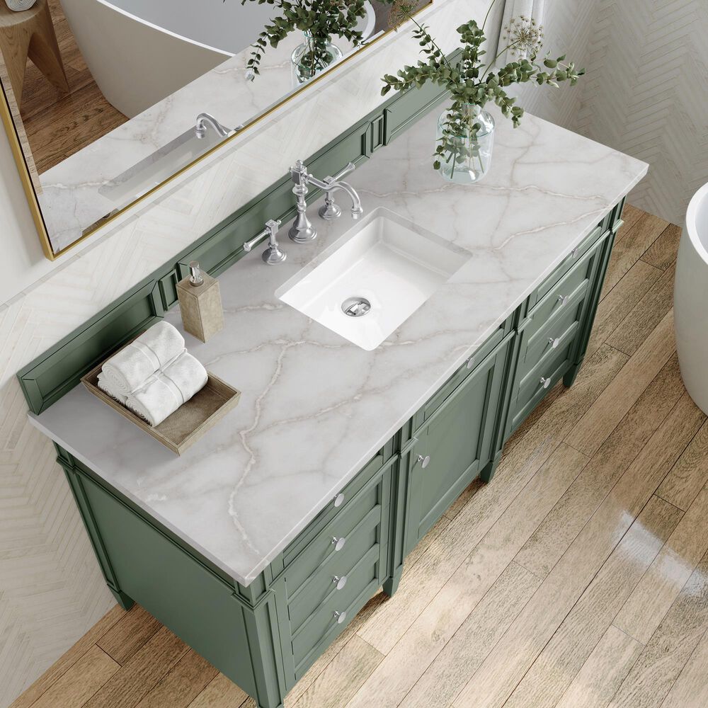 James Martin Vanities Brittany 60" Single Bathroom Vanity in Smokey Celadon with 3 cm Eternal Jasmine Pearl Silestone Top, Rectangular Sink and FreePower Wireless Charger, , large