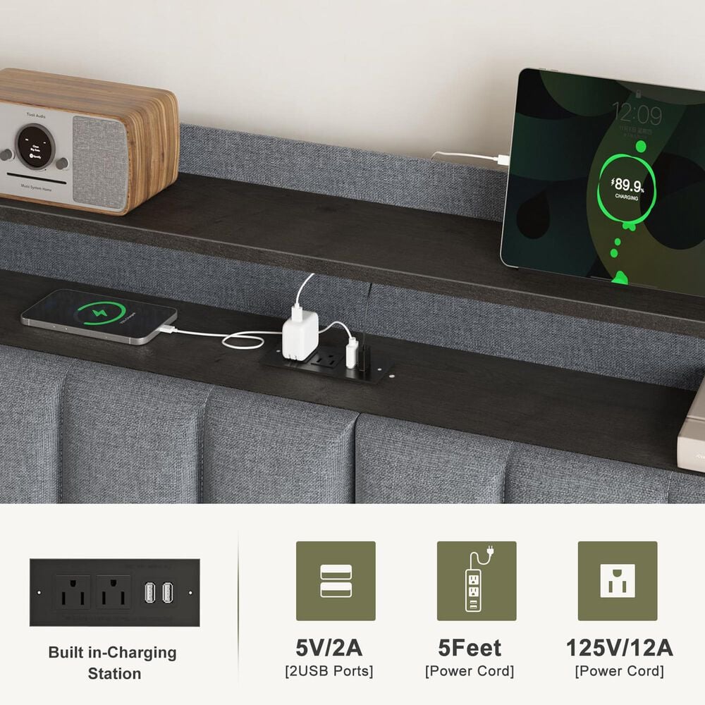 HOMLUX Full Storage Platform Bed with LED Headboard with Charging Station in Gray, , large