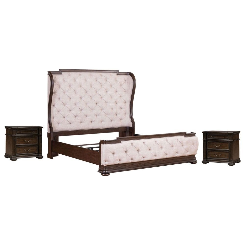 Belle Furnishings Provence Park 3-Piece Queen Upholstered Shelter Bedroom Set with Two Nightstands in Chateau Brown, , large