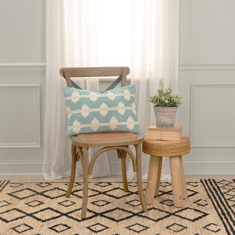 Rizzy Home 14&quot; x 20&quot; Diamond and Striped Down Filled Lumbar Pillow in Ivory and Teal, , large