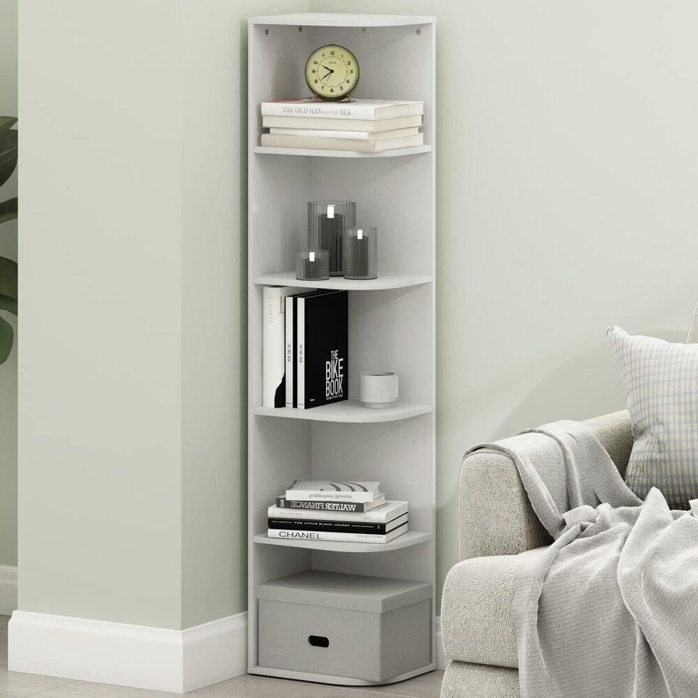 HOMLUX 5-Tier Corner Open Shelf Bookcase in White, , large