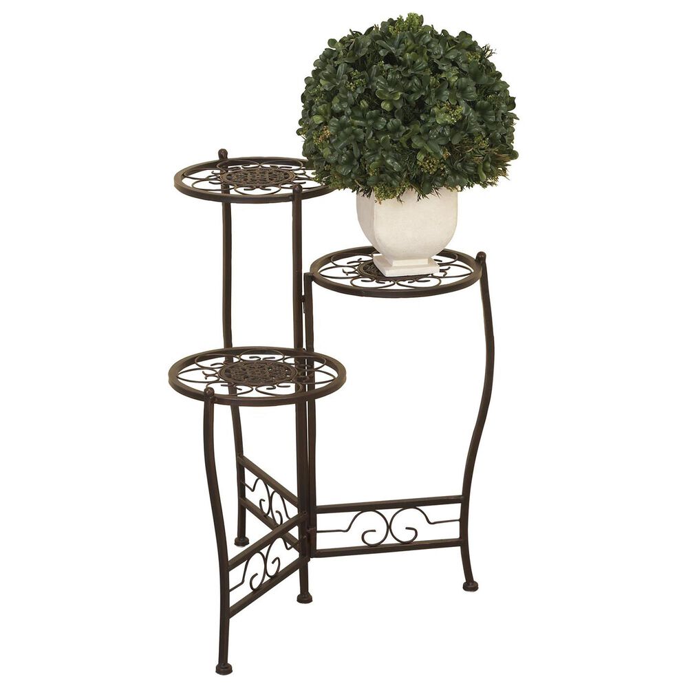 Maple and Jade 3-Tier Indoor/Outdoor Plant Stand with Scroll Details in Brown, , large