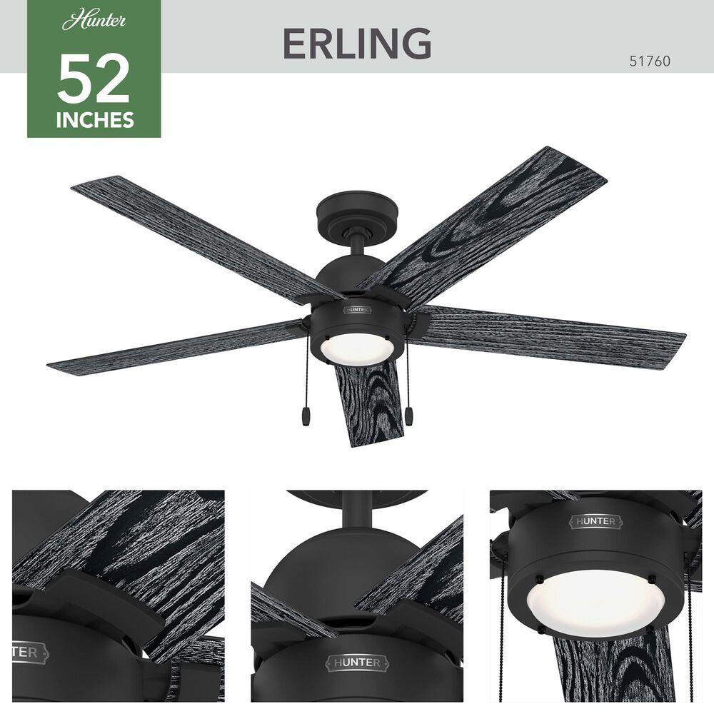 Hunter Erling 52&quot; Ceiling Fan with LED Light in Matte Black, , large