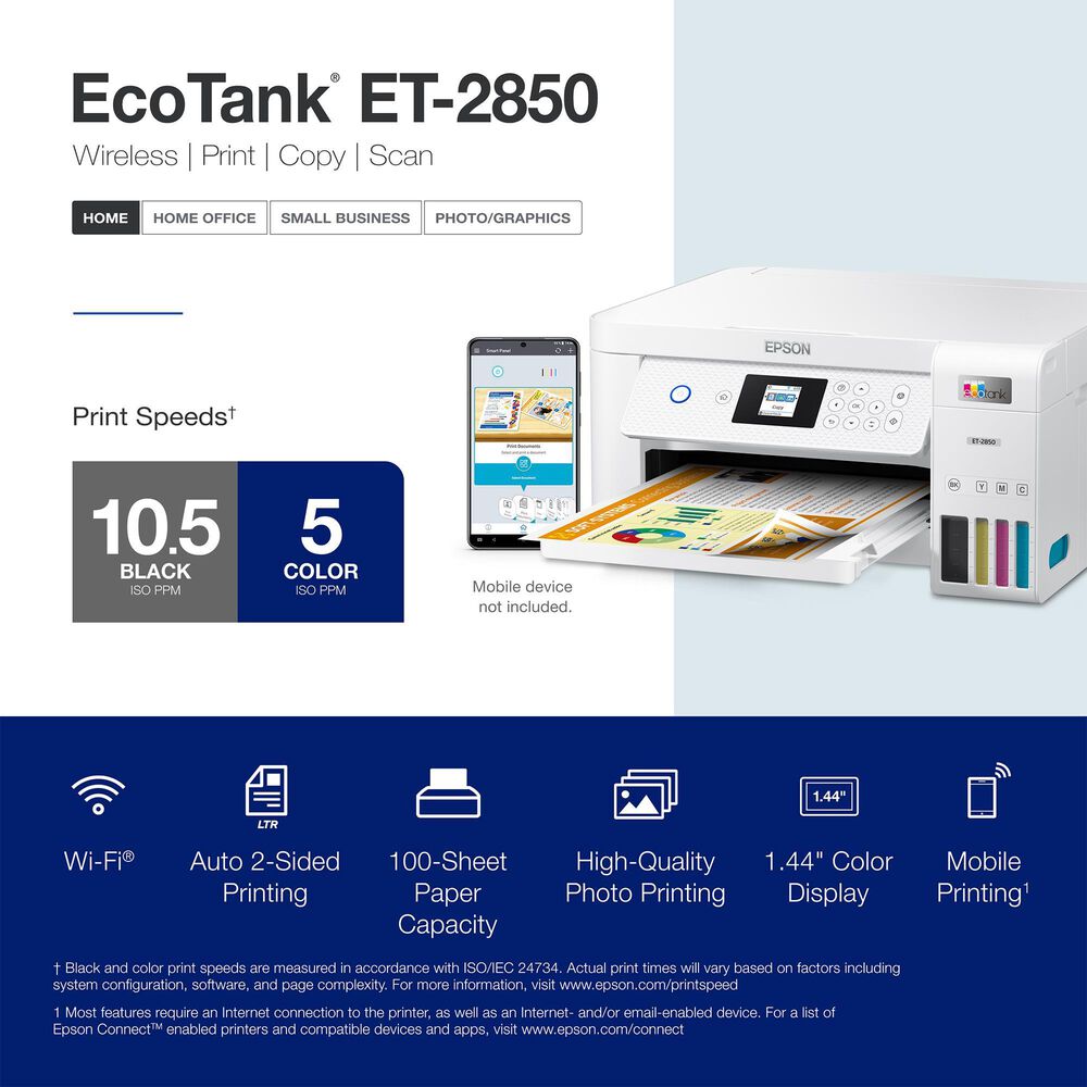 Epson EcoTank ET-2850 Wireless Color All-in-One Cartridge-Free Supertank Printer with Scan, Copy and Auto 2-sided Printing, , large