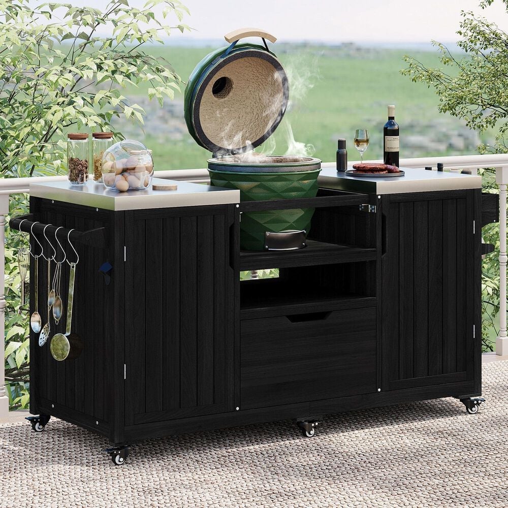 HOMLUX 67" Outdoor Kitchen Island with Stainless Steel Top in Black, , large