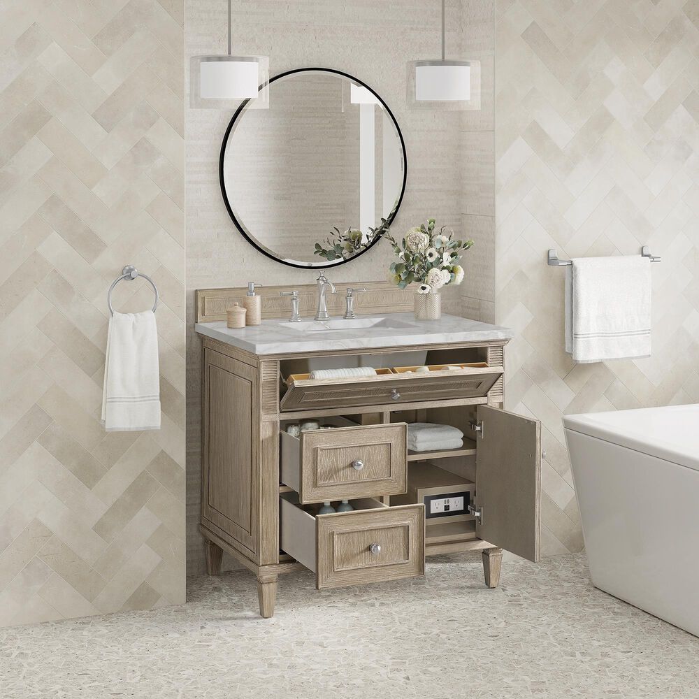James Martin Vanities Lorelai 36&quot; Single Vanity in Whitewashed Oak with 3cm Victorian Silver Quartz Top, , large