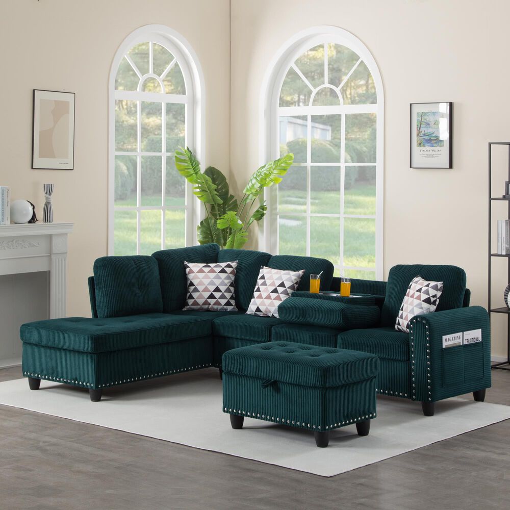 HOMLUX 94.49" L-Shaped Modular Sectional Sofa with Storage Ottoman and Cup Holders in Green, , large