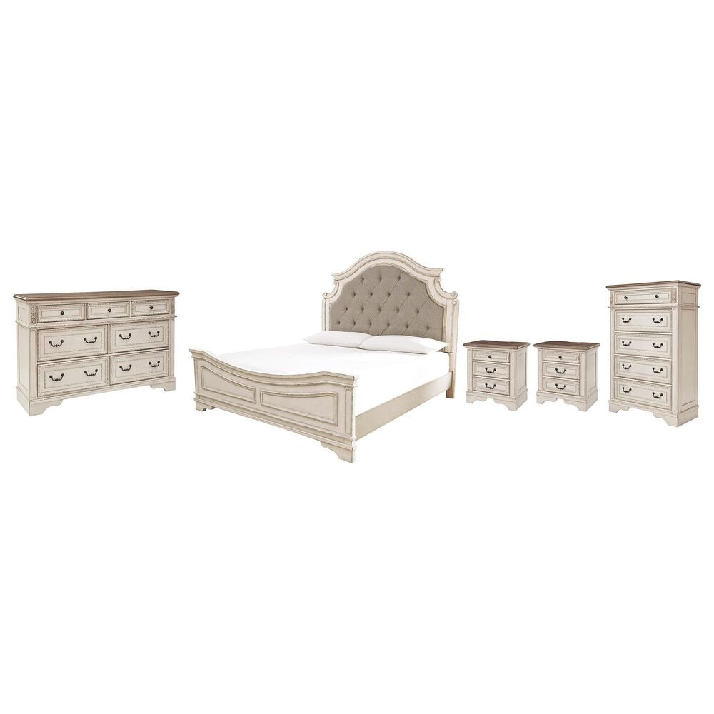 Ashley Realyn 5-Piece King Panel Bedroom Set in Chipped White, , large