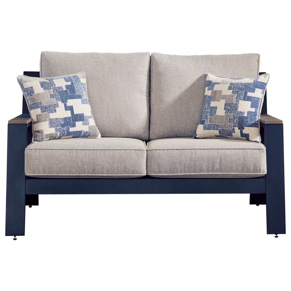 Ashley East Beach Stationary Loveseat with Beige Cushions in Navy Blue and Driftwood, , large