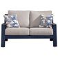 Ashley East Beach Stationary Loveseat with Beige Cushions in Navy Blue and Driftwood, , large
