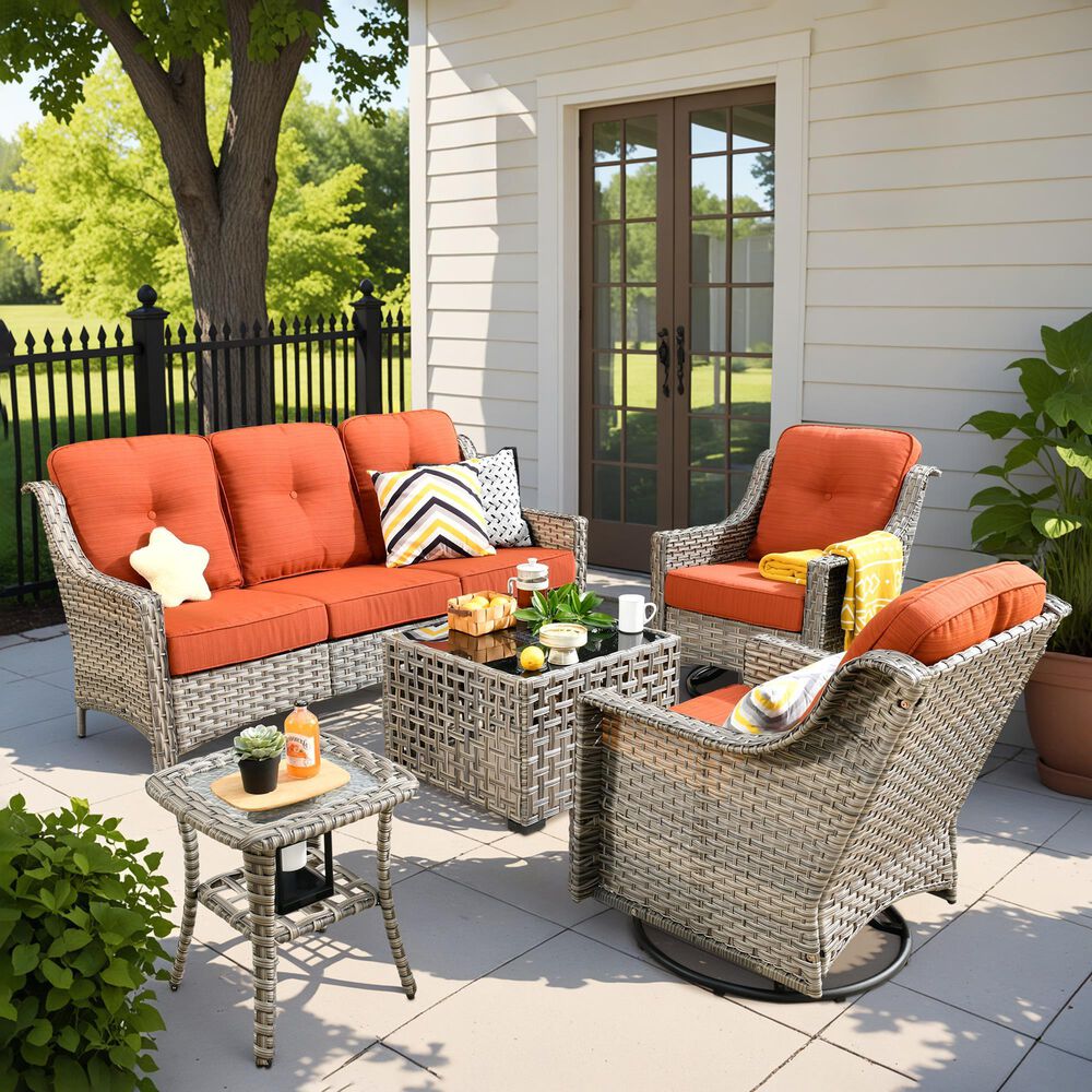HOMLUX 5-Piece Outdoor Conversation Set with Solar Lighting Table in Orange, , large