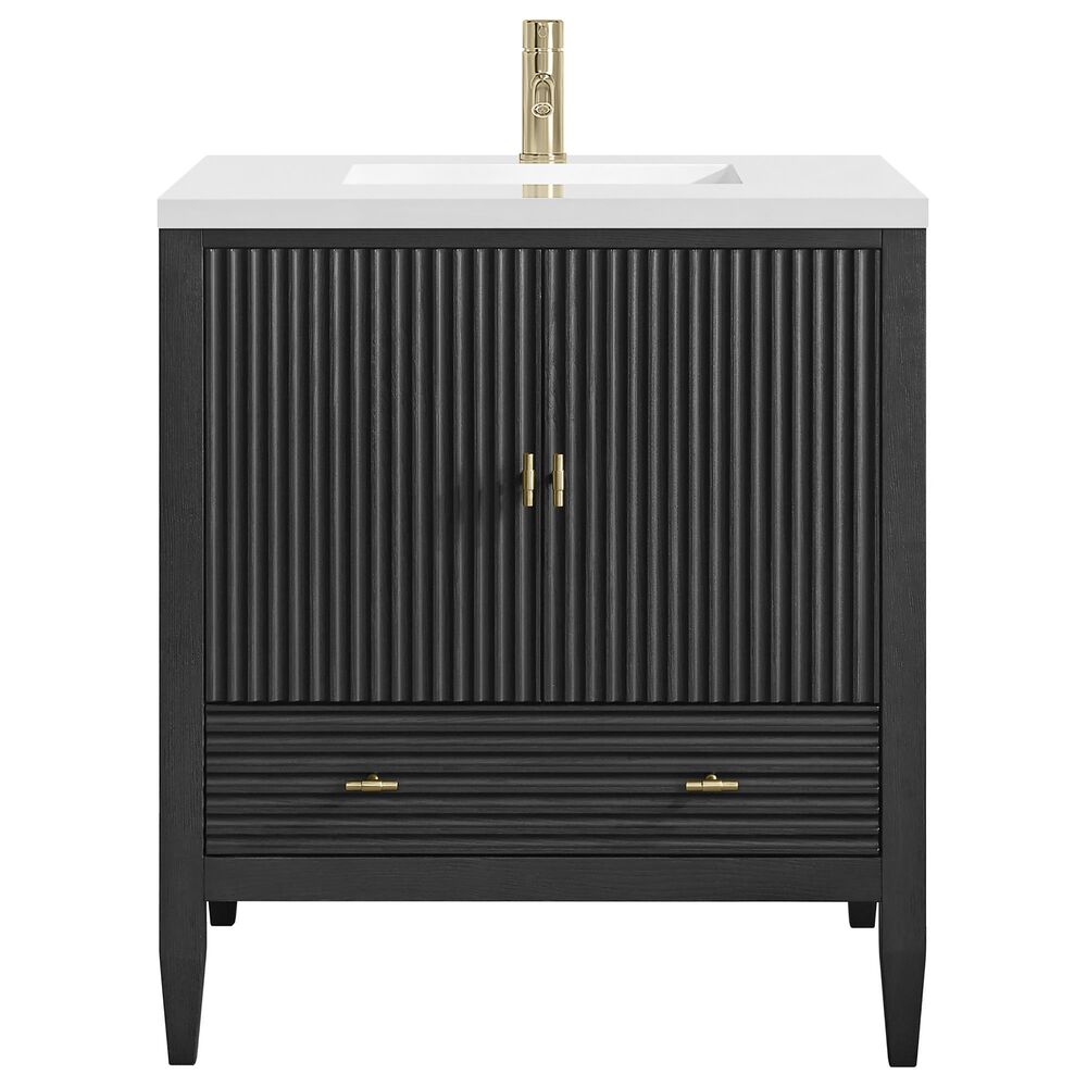 James Martin Myrrin 30" Single Bathroom Vanity in Carbon Oak with Single Hole 3 cm White Zeus Silestone Top and Rectangular Sink, , large