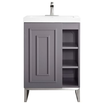 James Martin Alicante 24" Single Bathroom Vanity in Grey Smoke and Brushed Nickel with 5 cm White Glossy Resin Top and Rectangular Sink, , large