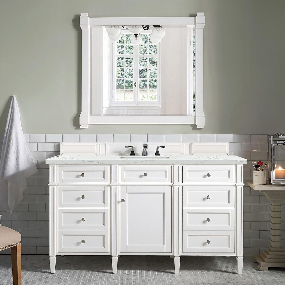 James Martin Vanities Brittany 60&quot; Single Bathroom Vanity in Bright White with 3 cm Ethereal Noctis Quartz Top and Rectangular Sink, , large