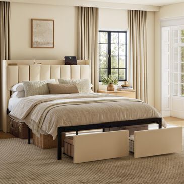 HOMLUX Full Upholstered Platform Storage Bed Frame with Storage Headboard in Beige, , large