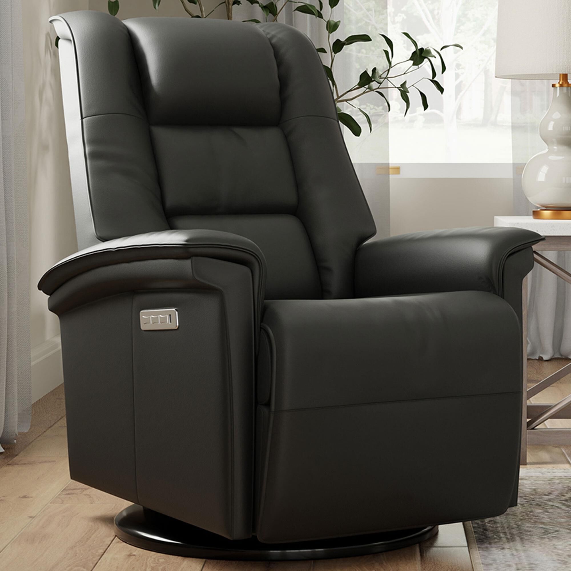 ブラックレザー オットマン　fjords シモンズ Fjords Paris Small Power Swivel Recliner in Black