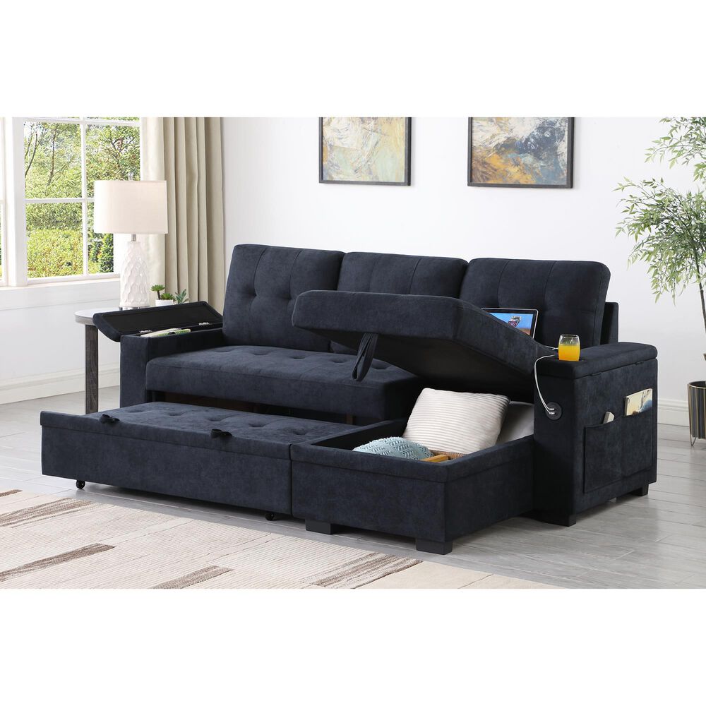 HOMLUX 84"W Reversible Sleeper Sectional Sofa with Storage Chaise, Cup Holders, USB, in Dark Grey, , large