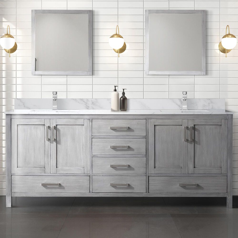Lexora Home Jacques 84&quot; Double Bathroom Vanity in Distressed Grey with 2 cm White Carrara Marble Top and Rectangular Sinks, , large