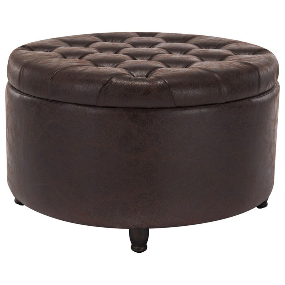Regency Global Sourcing Knight 28" Round Storage Ottoman in Brown Faux Leather, , large